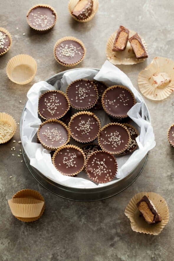 Dark Chocolate Tahini Cinnamon Cups (Paleo, Vegan) - If you’re looking for something deliciously different to add to your dessert game this year, these dark chocolate tahini cups are it. 