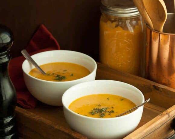 French Vegetable Soup in bowls on tray