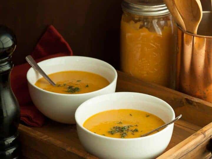 French Vegetable Soup in bowls on tray