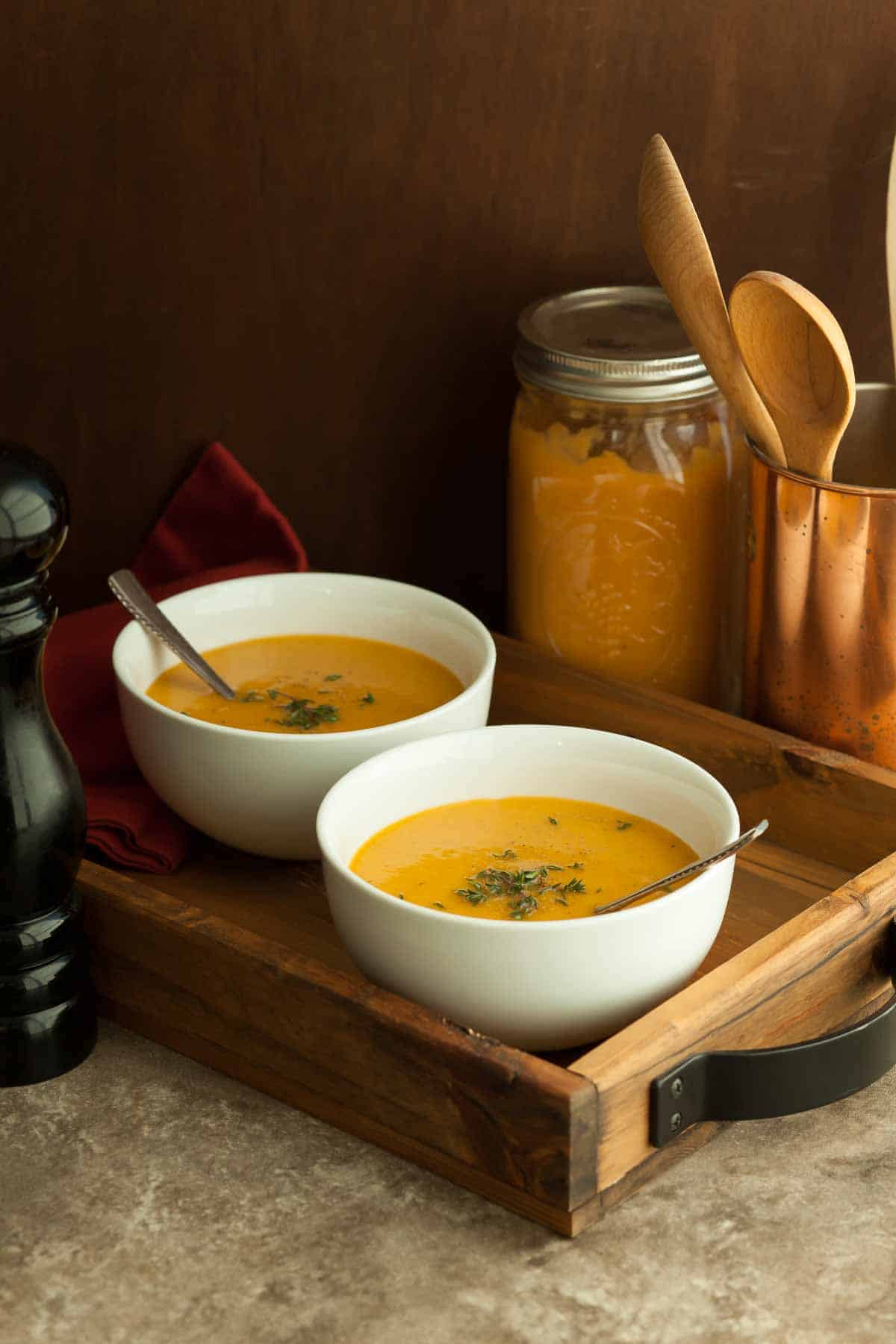 French Vegetable Soup in bowls on tray