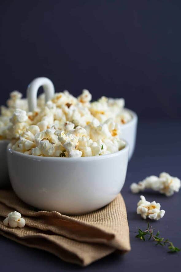 Truffle Butter, Thyme and Parmesan Popcorn in Bowl on Napkin