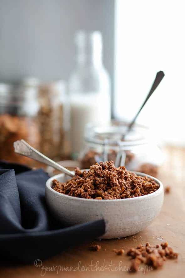 Gluten-Free Paleo Chocolate Granola in Bowl with Spoon