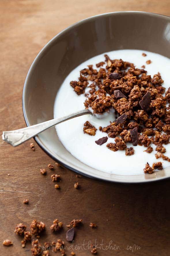 Chocolate Grain Free Gluten Free Granola in Bowl with Yogurt