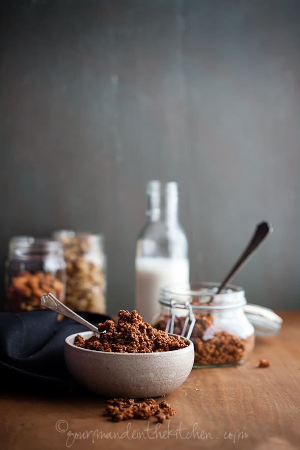 Gluten-Free Paleo Chocolate Granola in Bowl and Jar