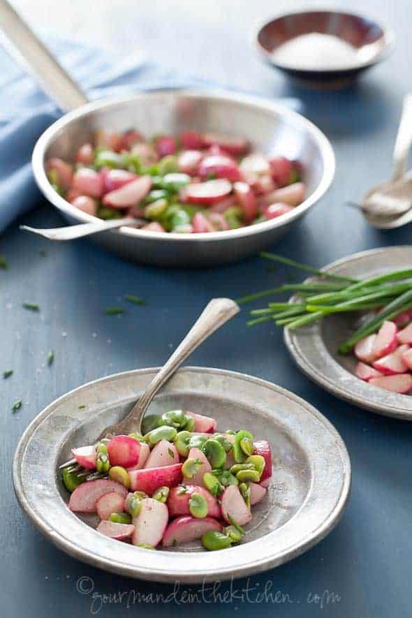 Sauteed Radishes and Fava Beans on plates