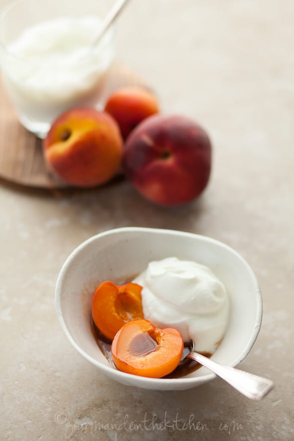 Fruit with Fromage Blanc and Spiced Honey in Bowl with Spoon