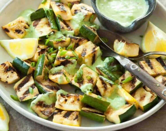Grilled Summer Squash with Cilantro Scallion Yogurt Sauce (Paleo Vegan Option)