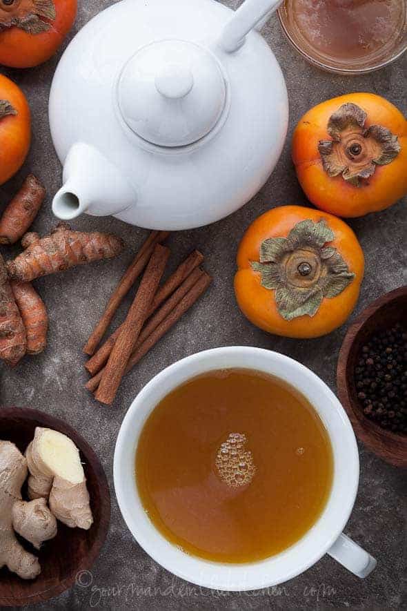 Spiced Persimmon, Ginger, Cinnamon, Turmeric Tea Top View in Cup