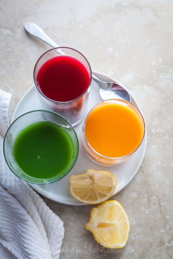  beet juice, carrot juice, green juice top view