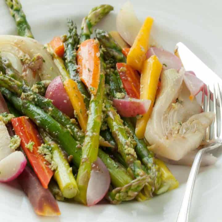 Braised Springtime Vegetables with Green Olive Pesto