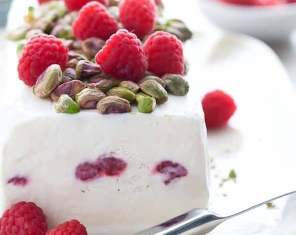 Easy Honey Yogurt Semifreddo with Raspberries and Pistachios