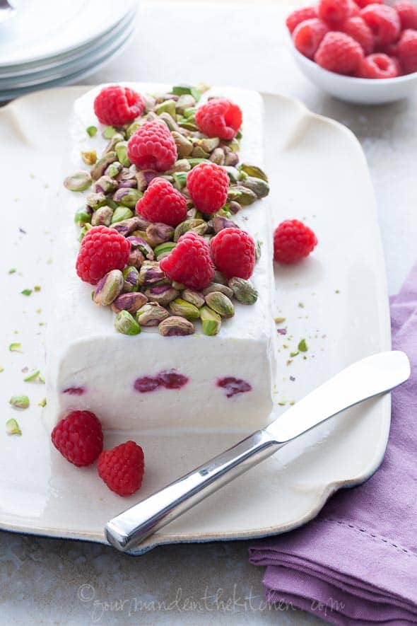 Honey Yogurt Semifreddo Recipe With Raspberries And Pistachios Gourmande In The Kitchen 