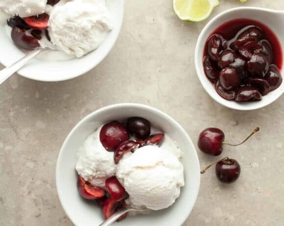 Triple Coconut Sorbet with Kirsch Soaked Cherries - With three layers of coconut from coconut milk, shredded coconut and coconut water this triple coconut sorbet is packed with flavor.With three layers of coconut from coconut milk, shredded coconut and coconut water this triple coconut sorbet is packed with flavor.