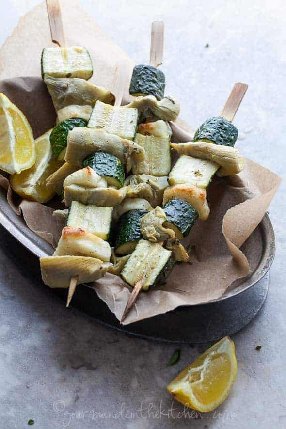 Greek Inspired Zucchini, Halloumi and Artichoke Vegetable Skewers on Platter