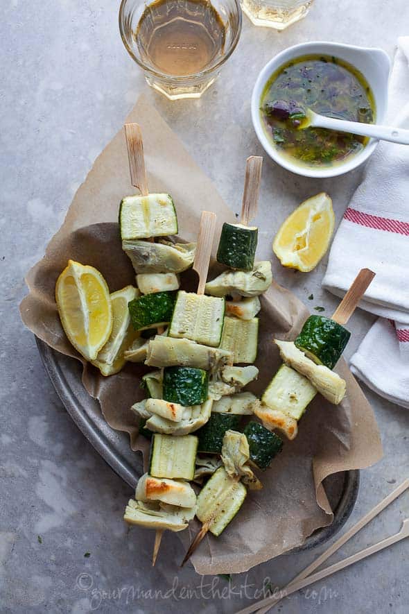 Greek Inspired Zucchini, Halloumi and Artichoke Vegetable Skewers Top View