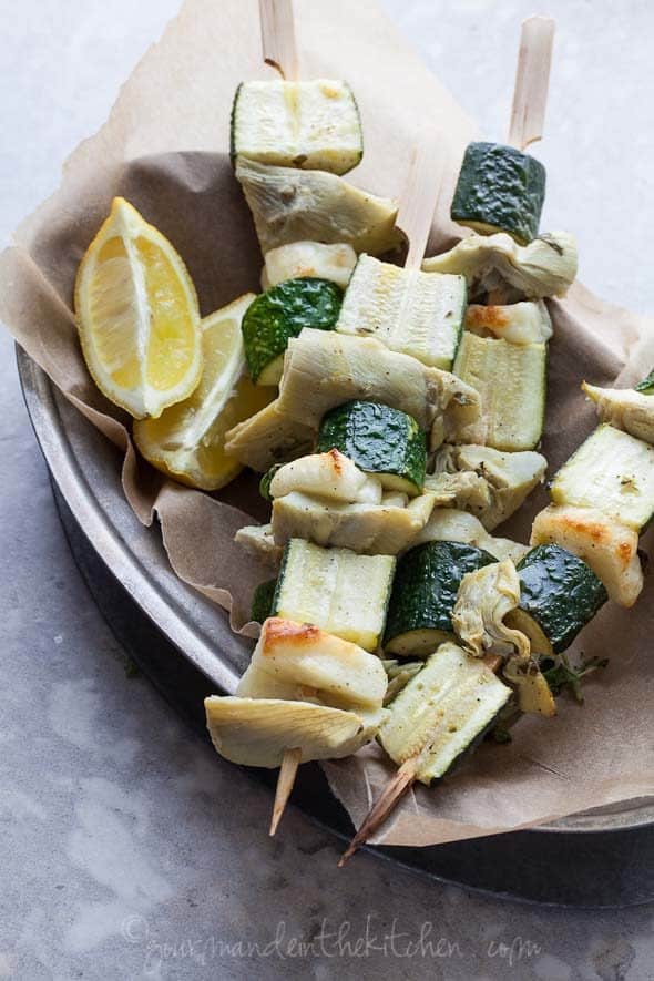 Greek Inspired Zucchini, Halloumi and Artichoke Vegetable Skewers Close Up