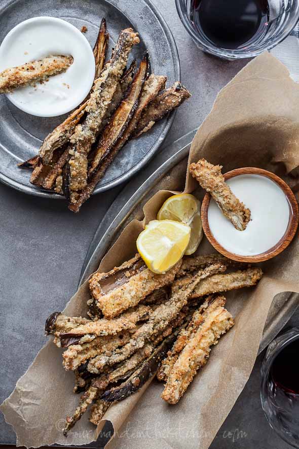 baked eggplant fries in baskets