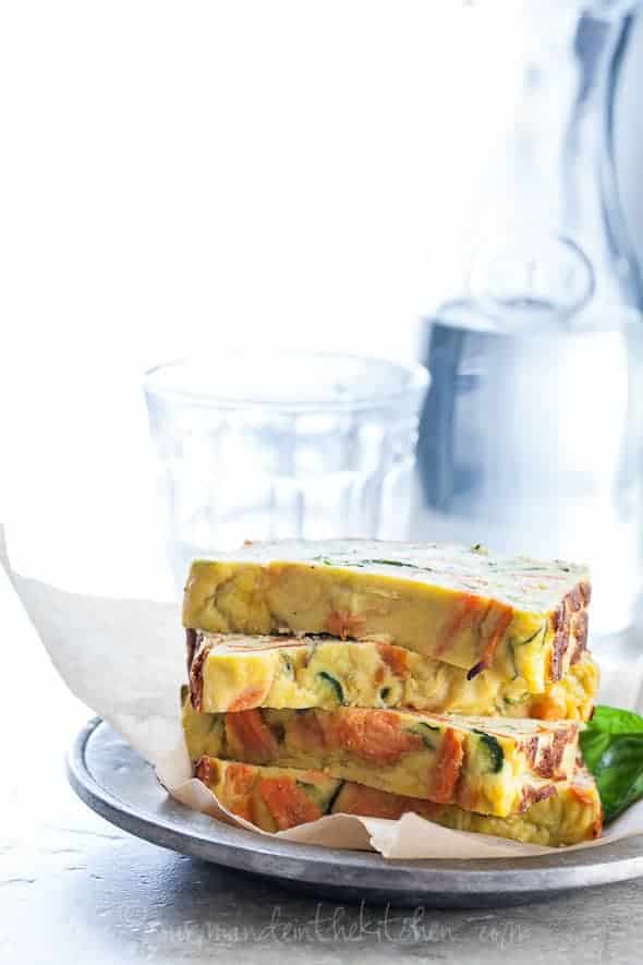 vegetable loaf sliced and stacked on plate