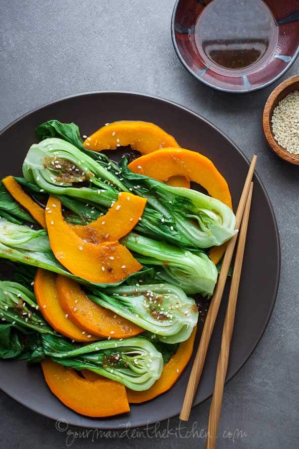 steamed bok choy with sesame sauce on plate