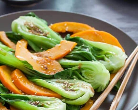 baby bok choy, red kuri squash, hokkaido pumpkin, pumpkin and bok choy with ginger sesame sauce