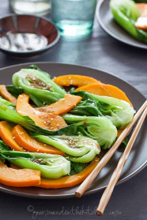  pumpkin and bok choy with ginger sesame sauce and chop sticks