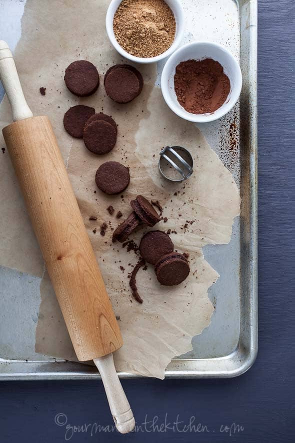 paleo chocolate sandwich cookies on baking sheet