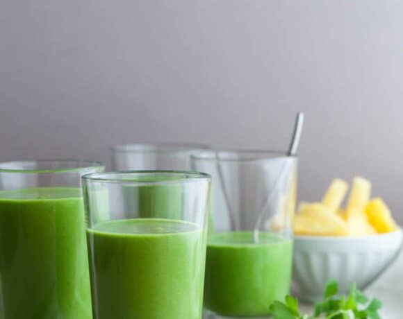DRINK YOUR GREENS SMOOTHIE A green smoothie packed with nutrients featuring a trio of greens along with pineapple and coconut milk.
