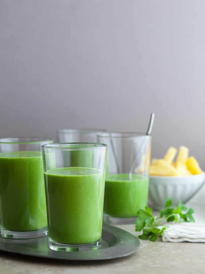 DRINK YOUR GREENS SMOOTHIE A green smoothie packed with nutrients featuring a trio of greens along with pineapple and coconut milk.