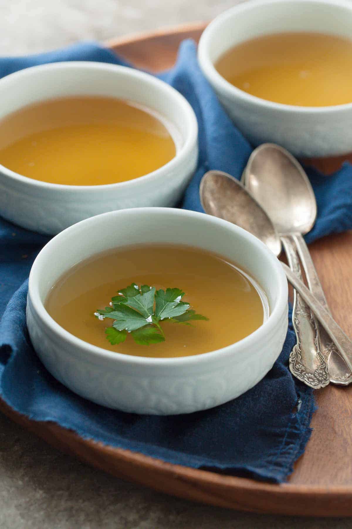 detox vegetable broth close up in cups