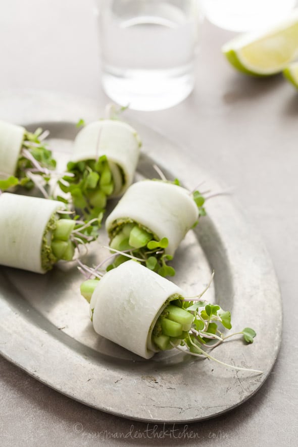 Daikon Rolls with Cilantro Pumpkin Seed Pesto Cucumbers and Sprouts