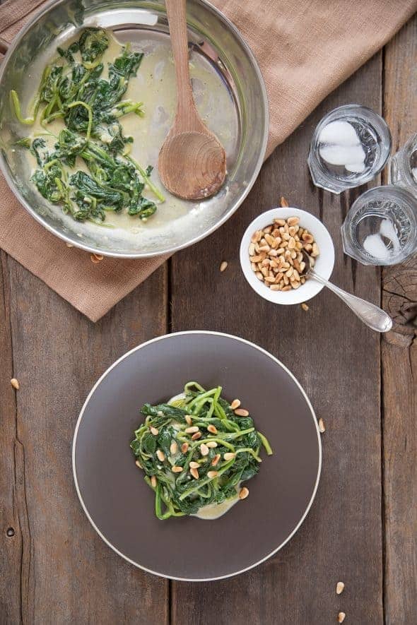 dijon spinach with toasted pine nuts from the slim palate paleo cooknbook