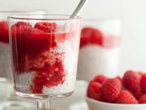 Coconut Milk Chia Seed Pudding Pots with Raspberry Rosewater Sauce