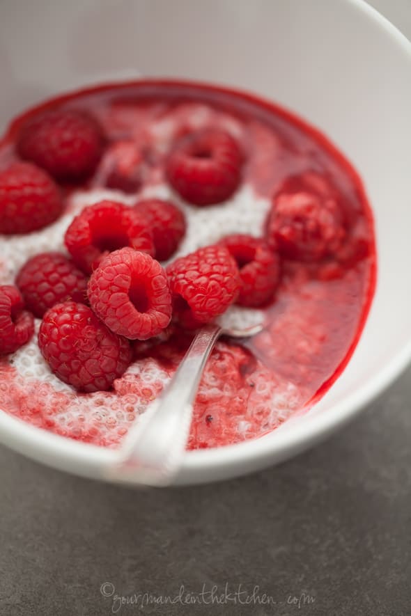 Chia Seed Pudding with Raspberry Rosewater Sauce in Bowl Top View