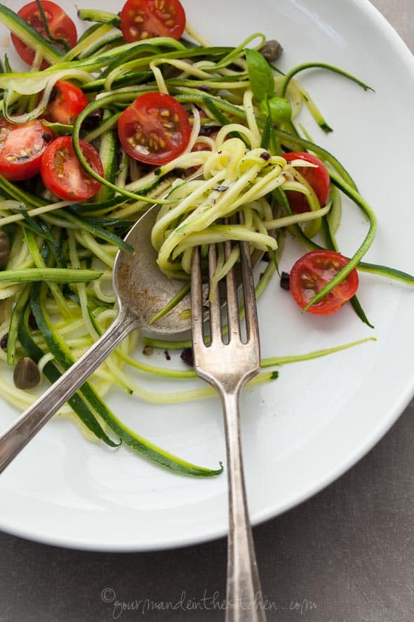 zucchini noodles, zucchini pasta, paleo noodles, vegan zucchini noodles, raw zucchini noodles, caper olive sauce, pasta puttenesca