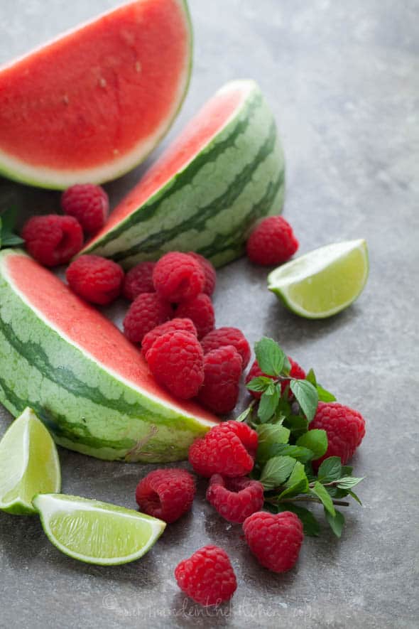 fresh mint granita, granita recipe, mint granita, watermelon and mint granita, raspberries, watermelon, mint, limes