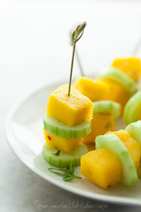 chili mango, mango skewers, cucumber skewers, salad skewers, summer appetizer