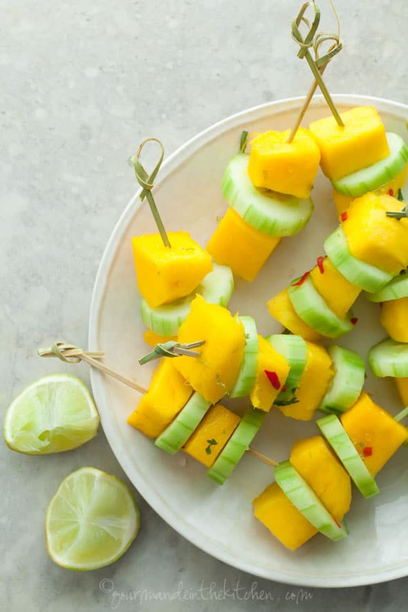 spicy mango, mango skewers, cucumber skewers, salad skewers, summer appetizer