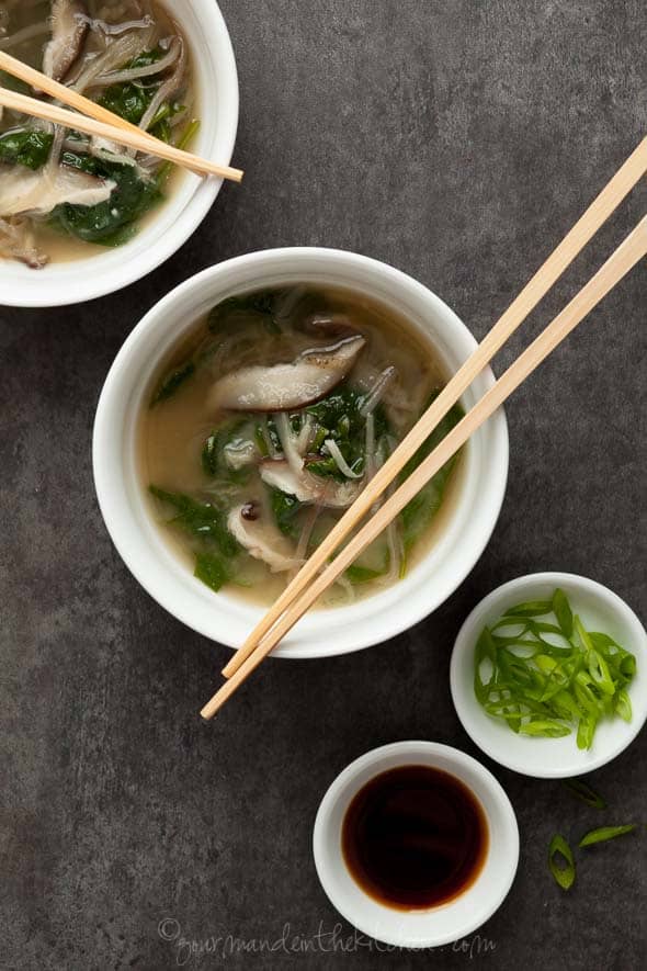 vegetable noodles, miso soup, vegan miso soup, spinach miso soup, eggplant noodles