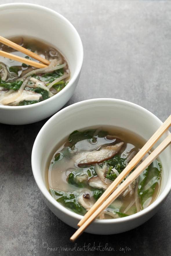 miso soup, vegan miso soup, spinach miso soup, eggplant noodles, vegetable noodles