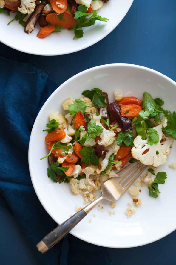 Warm Roasted Cauliflower Carrot Salad with Citrus Miso Dressing Top View