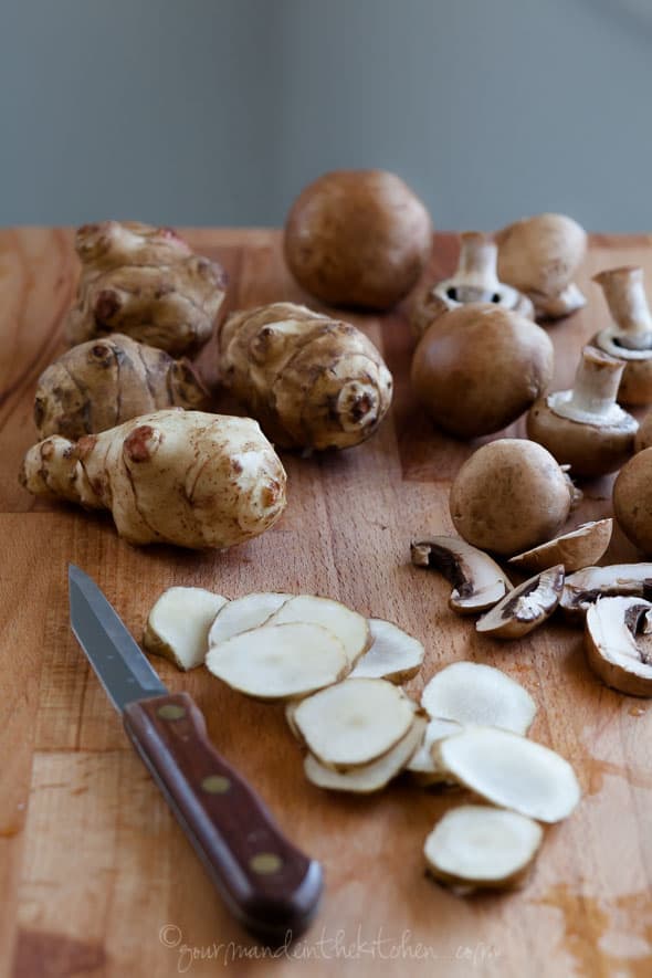 Sunchokes (Jerusalem Artichokes) and Mushrooms on Cutting Board