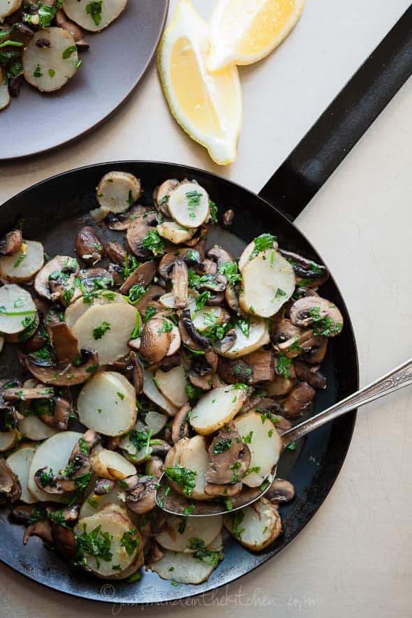 Sautéed Sunchoke (Jerusalem Artichoke) and Mushroom Persillade in Saute Pan