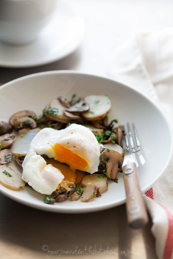 Sautéed Sunchoke (Jerusalem Artichoke) and Mushroom Persillade Topped with a Poached Egg