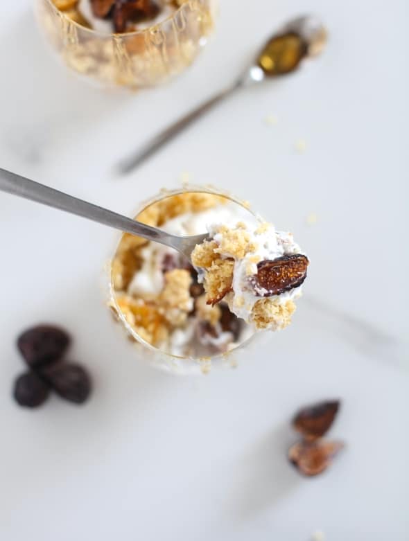 Broken Vanilla Cupcake Fig & Banana Coconut Cream Trifles in Spoon