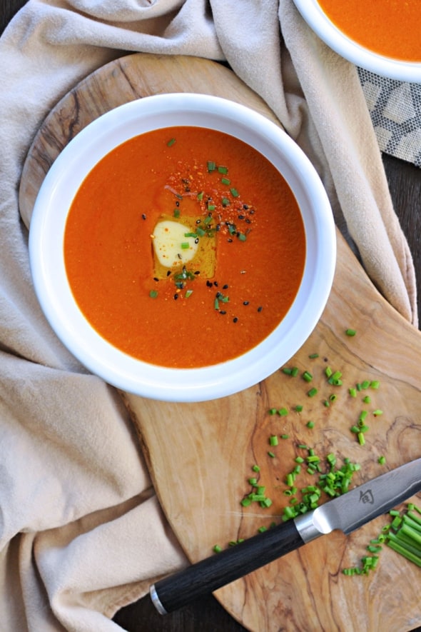 Buttered Miso-Tomato Soup with Roasted Garlic + Togarashi (GF)