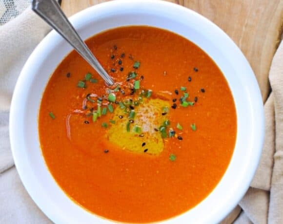 Buttered Miso-Tomato Soup with Roasted Garlic + Togarashi (GF)