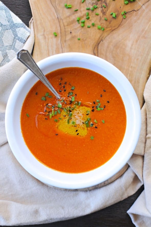 Buttered Miso-Tomato Soup with Roasted Garlic + Togarashi (GF)