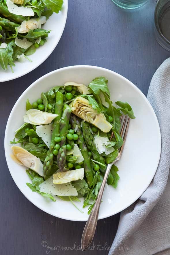 Spring Asparagus Artichoke Salad with Chive Vinaigrette on Plates with Fork