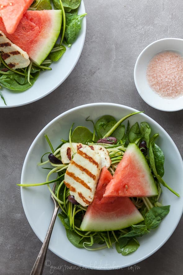 Watermelon, Spinach and Zucchini Noodle Salad in Bowls