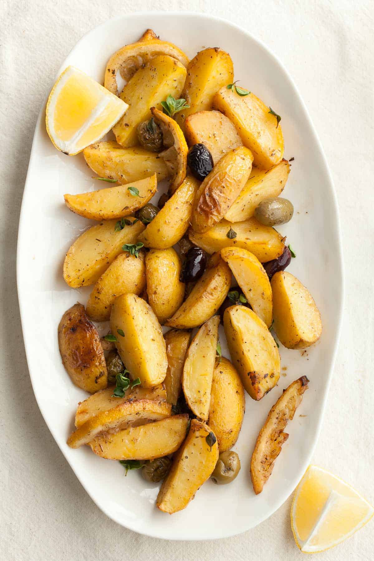 Vegan Greek Lemon Potatoes on Platter Top View